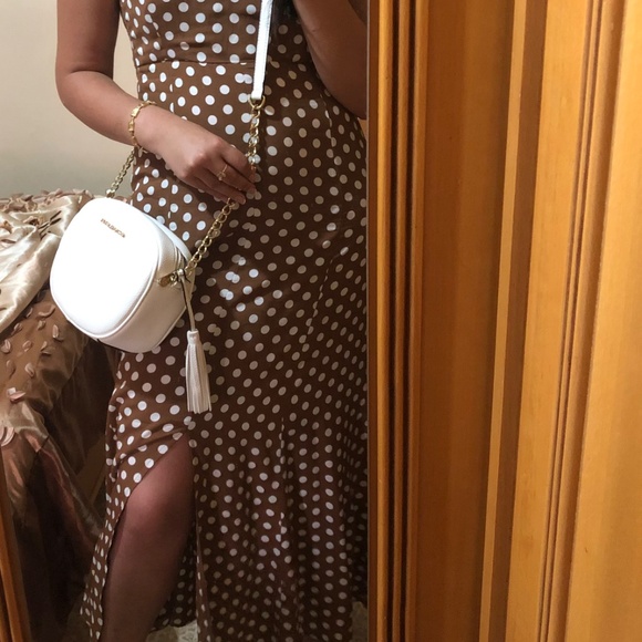 Brown Polka Dot Midi Dress with Front Slit - Picture 3 of 3
